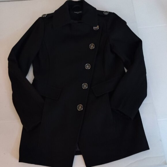 Kenneth Cole Asymmetrical Wool Blend Black Double Breasted Pea Coat Womens Small - Picture 4 of 16